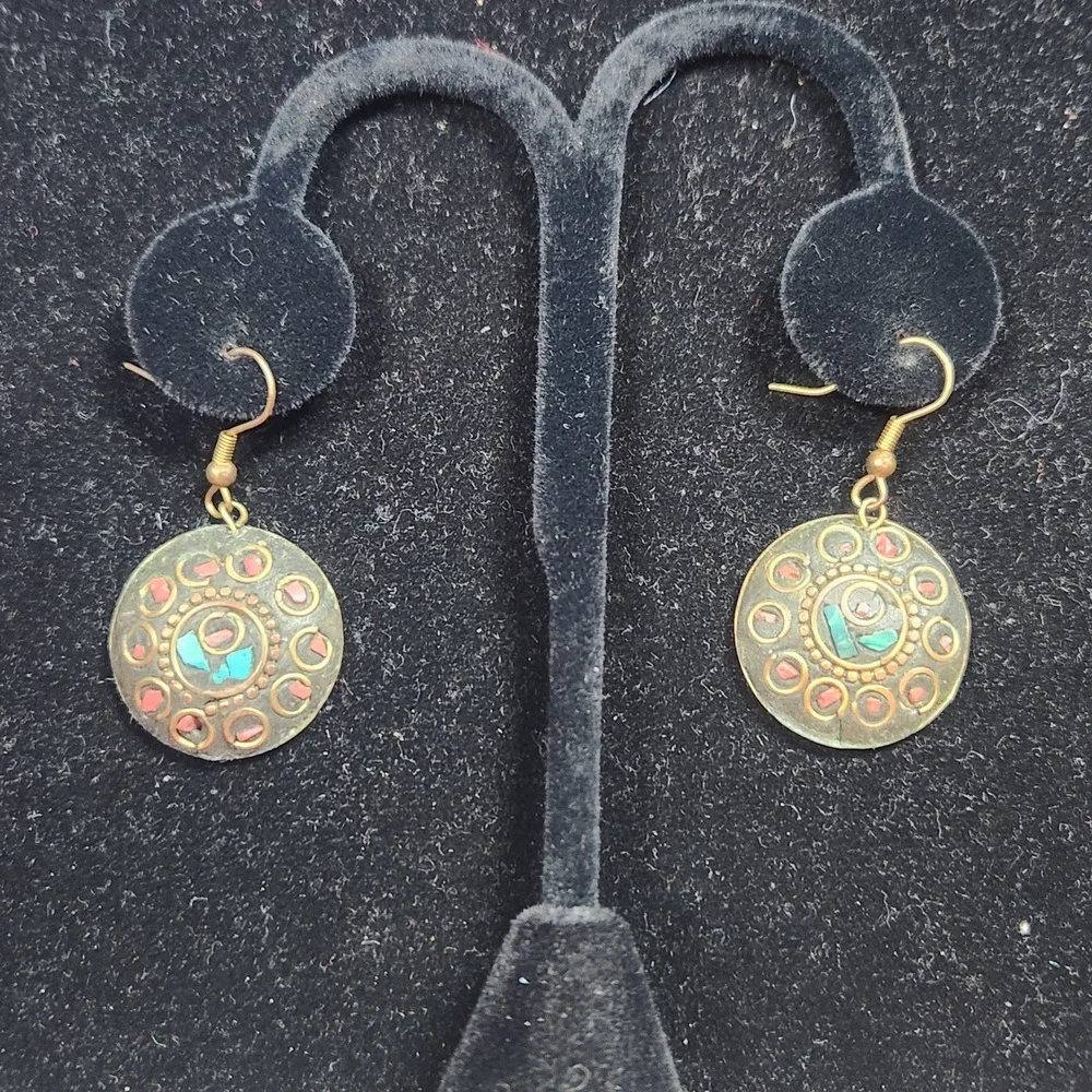 Tibetan Mosaic Inlay Drop Earrings Turquoise Coral Brass Boho Round Dangle